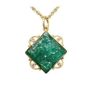 Carved Zambian Emerald Pendant: Diamond Accent, 18k Yellow Gold - K Jewelry Accessories