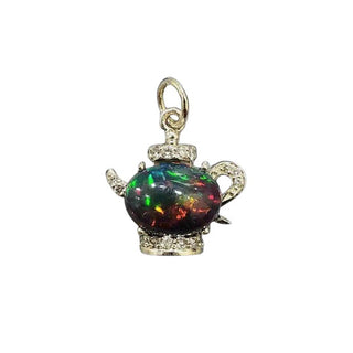 14k Gold Teapot Pendant: Black Ethiopian Opal & Diamond Studded - K Jewelry Accessories