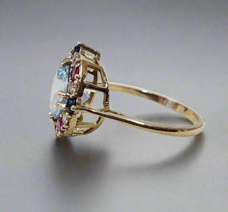 14k Gold Cushion Aquamarine With Ruby, Blue Sapphire and Diamond Ring - K Jewelry Accessories