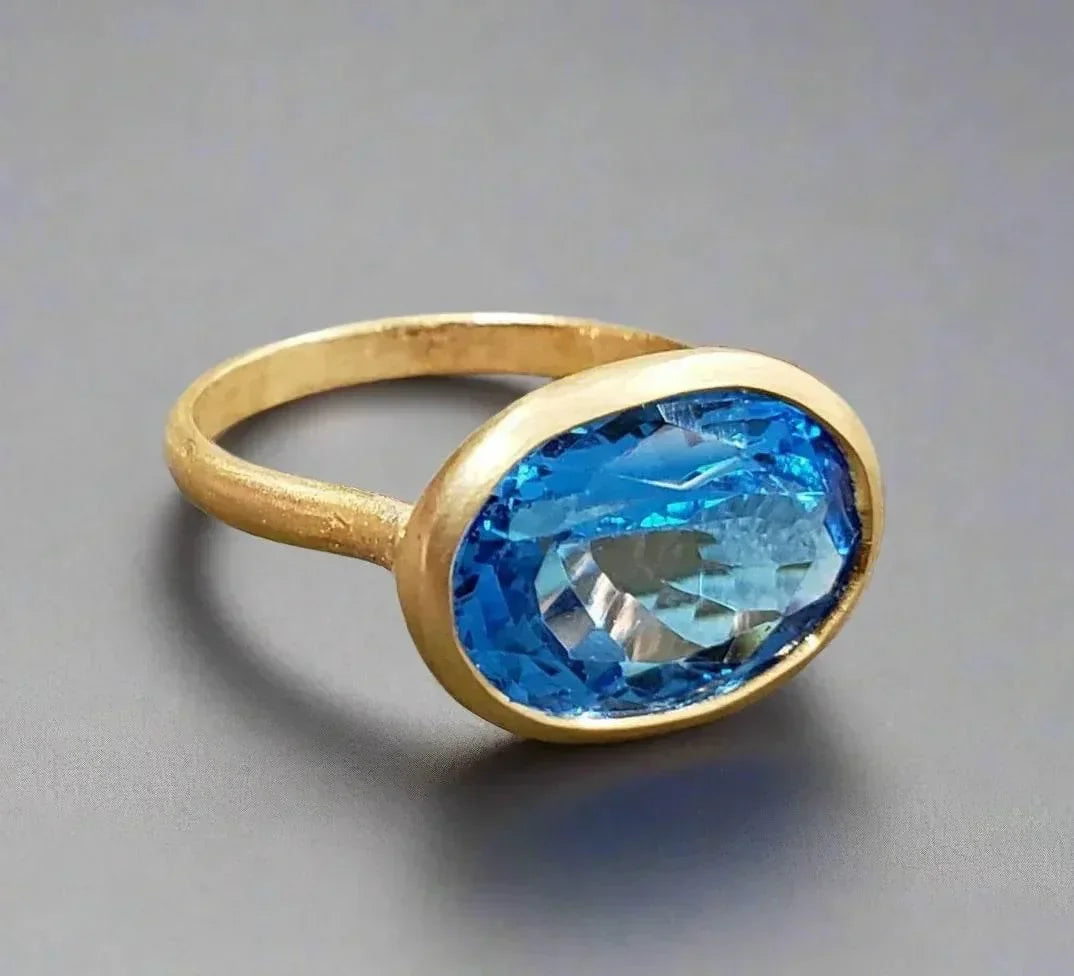18k Solid Gold Swiss Blue Topaz Ring - K Jewelry Accessories