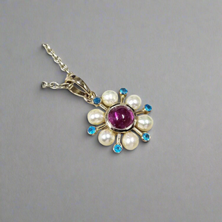 14k Gold Pearl, Pink Tourmaline and Apatite Flower Pendant