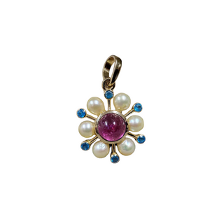 14k Gold Floral Pearl, Pink Tourmaline and Apatite Pendant