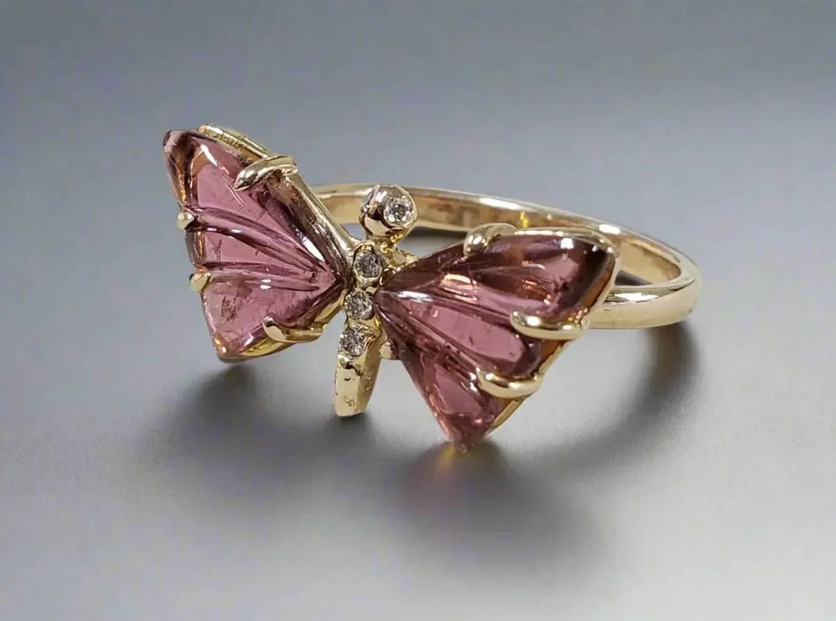 14k Gold Butterfly Pink Tourmaline Diamond Ring - K Jewelry Accessories