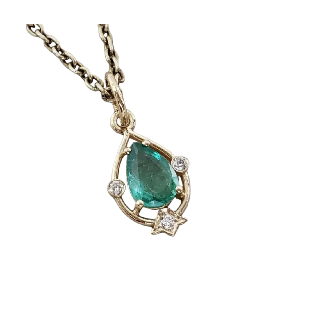 Elegant Pear Emerald Pendant, Handmade 14k Gold Fine