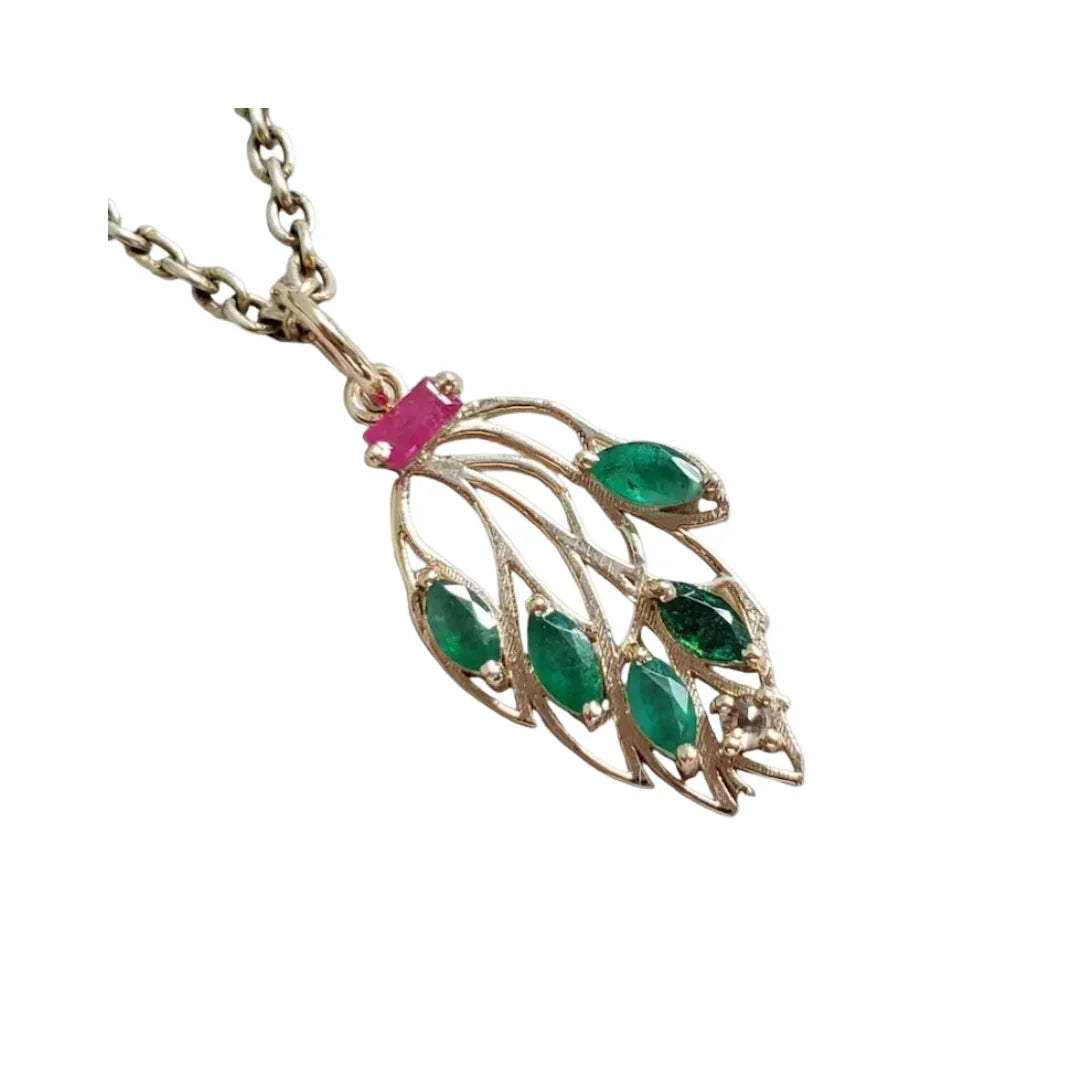 Natural Emerald, Ruby & Diamond Leaf Pendant in 14K Solid Gold