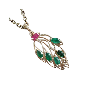 Natural Emerald, Ruby & Diamond Leaf Pendant in 14K Solid Gold