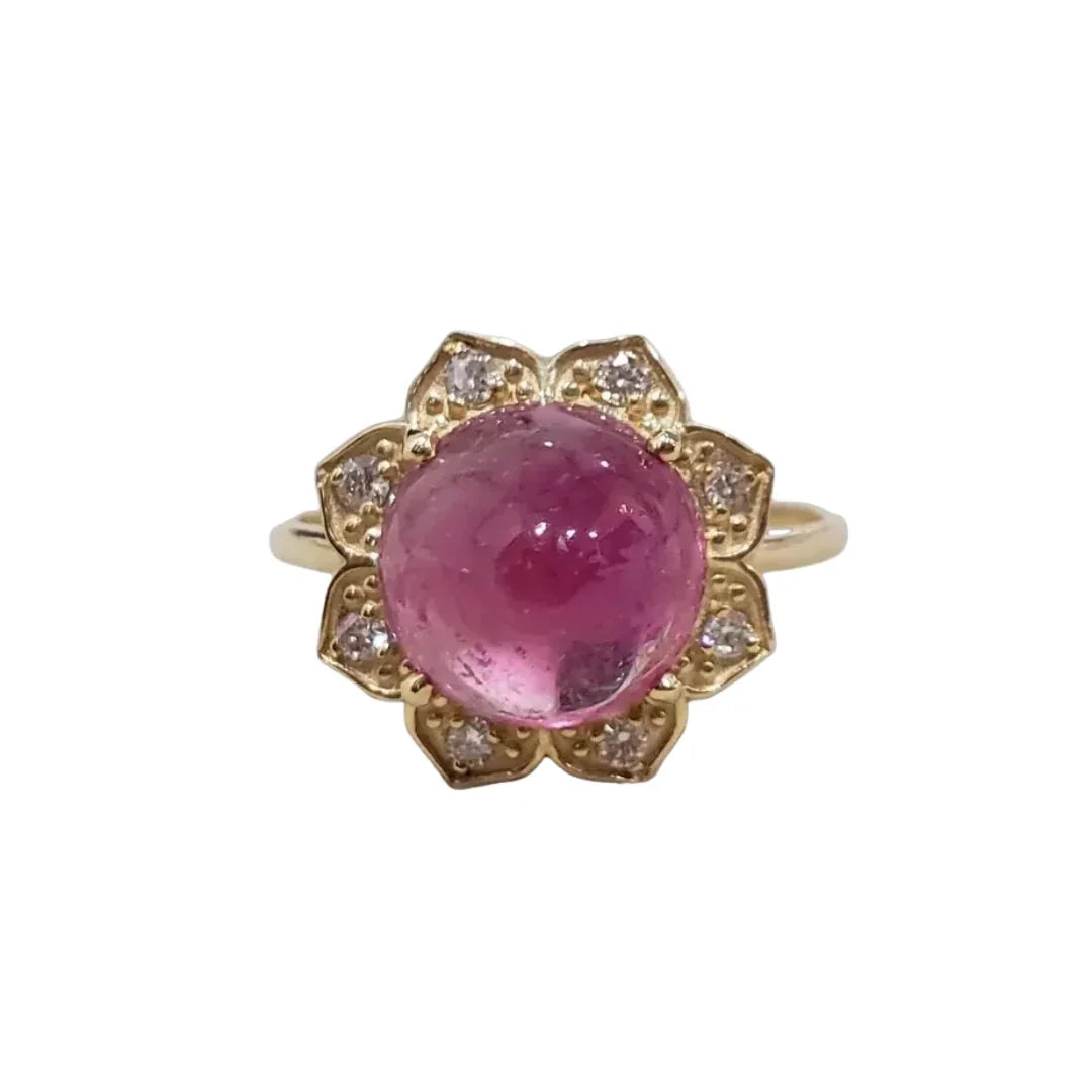Floral 14K Gold Cabochon Tourmaline & Diamond Ring
