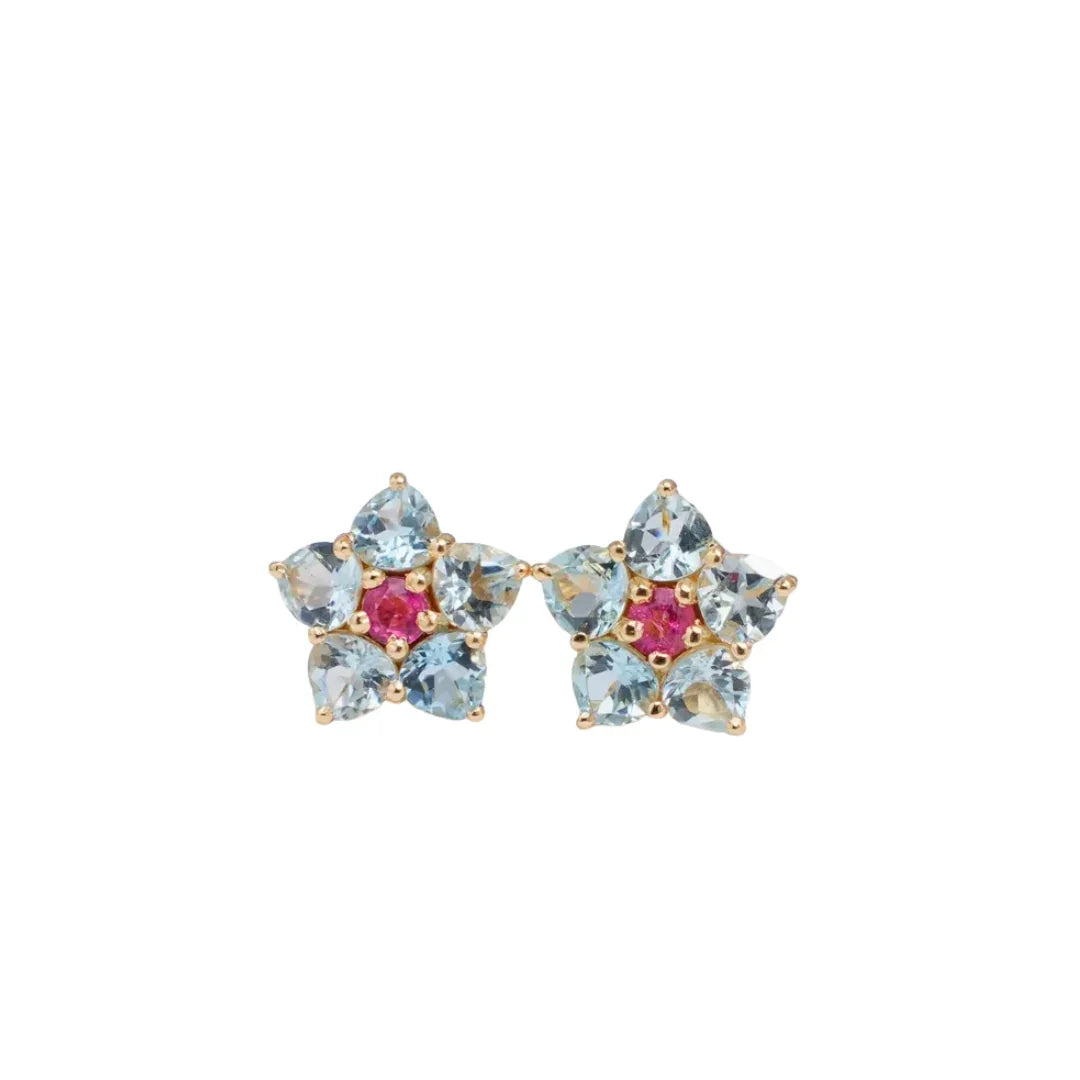 14K Gold Aquamarine & Tourmaline Stud Earrings