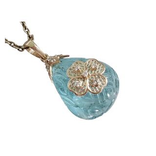 14K Solid Gold Aquamarine Carving with Diamond Pear Pendant