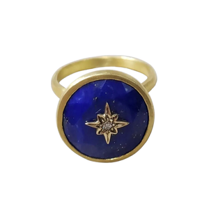 Round Lapis Lazuli 14k Gold Ring with Star Diamond Accents