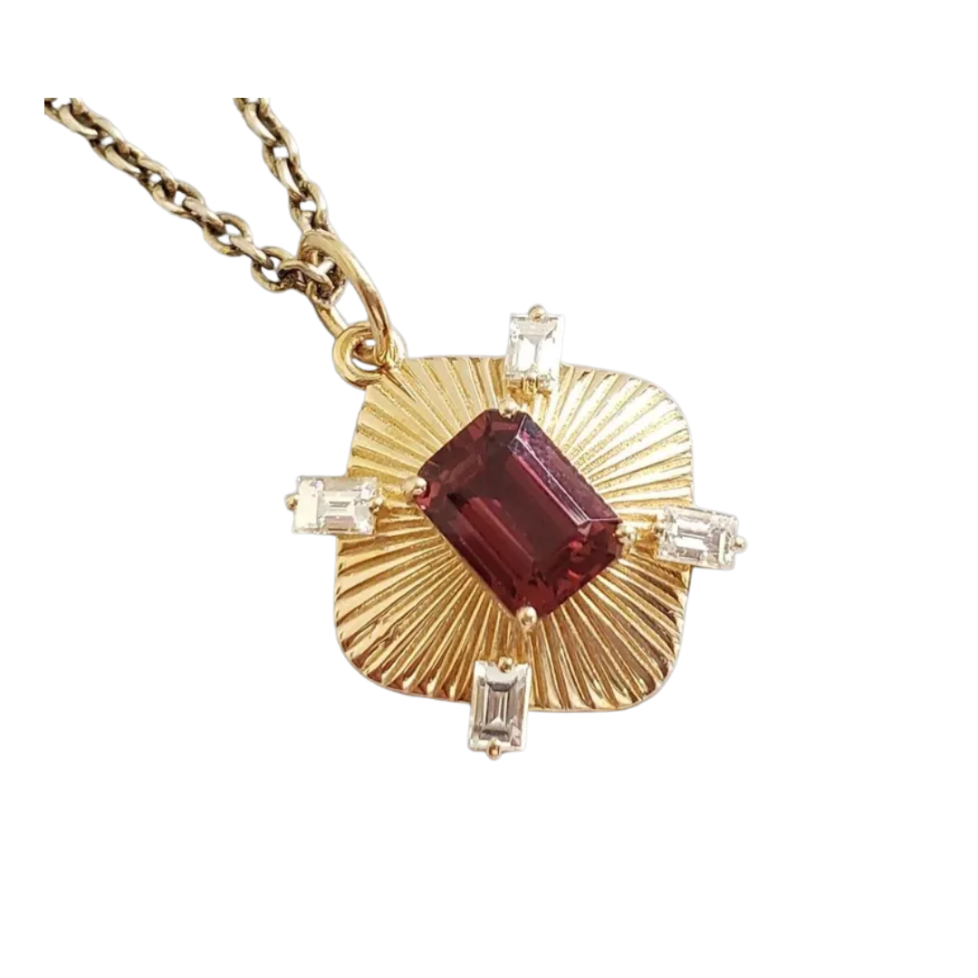 14k Gold Pink Tourmaline & Baguette Diamond Pendant