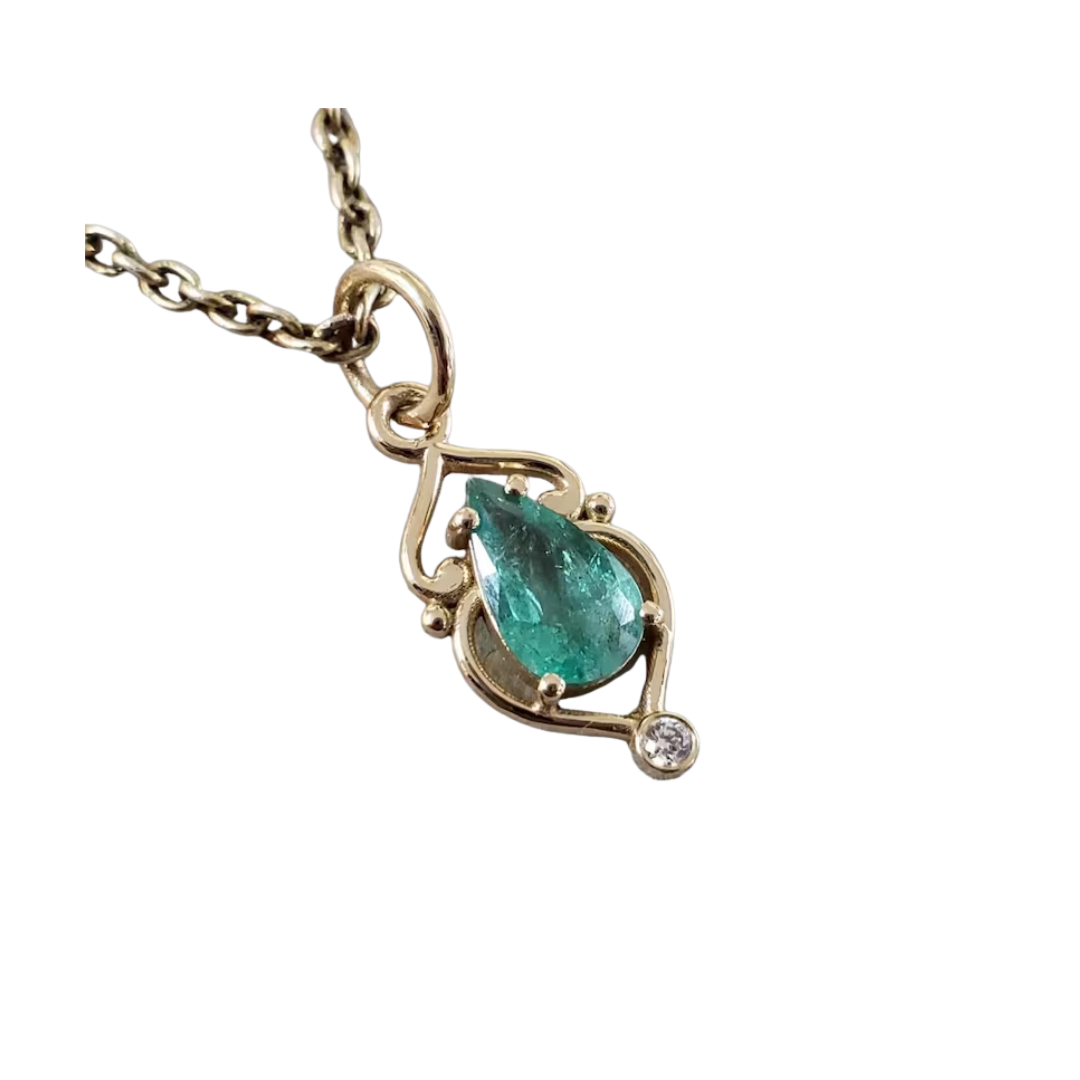 14K Gold Zambian Emerald Diamond Pendant