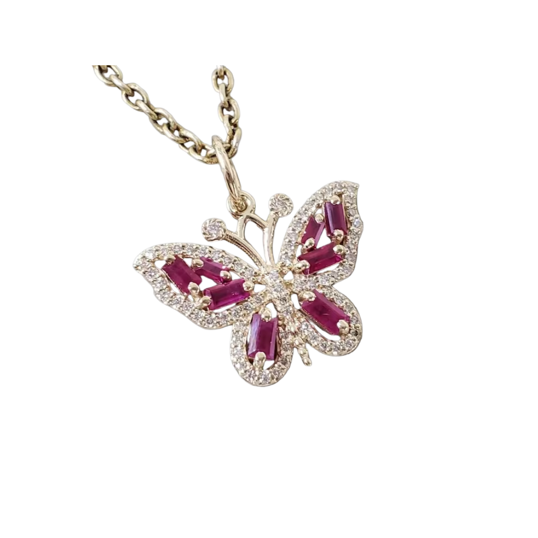 14k Gold Ruby Butterfly Pendant with Diamond Halo