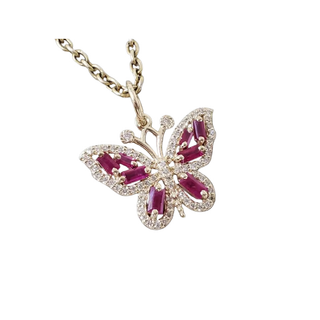 14k Gold Ruby Butterfly Pendant with Diamond Halo