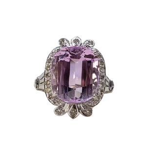 14k White Gold Pink Kunzite Ring: Diamond Art Deco Statement Ring