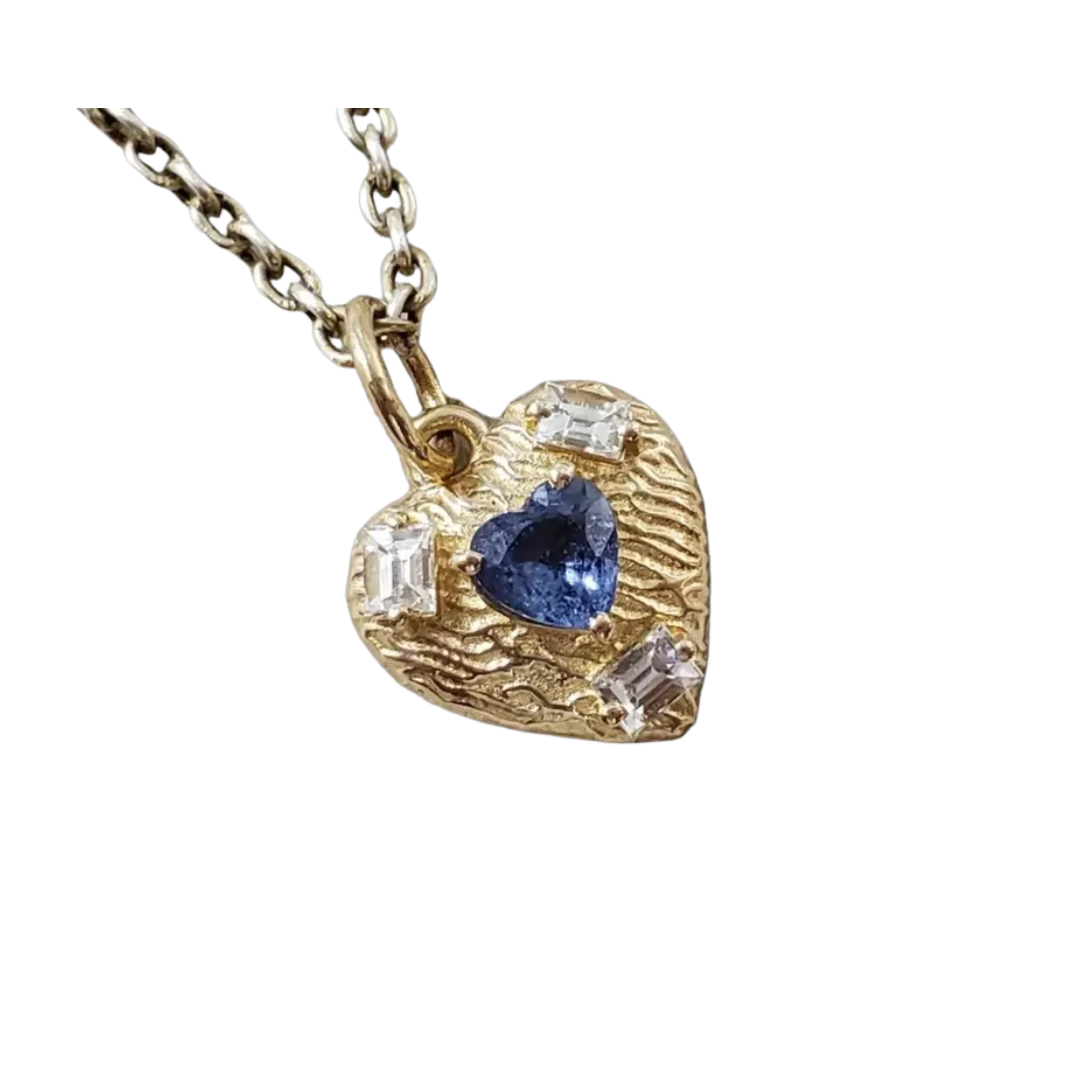 14K Textured Gold Heart Blue Sapphire & Baguette Diamond Pendant
