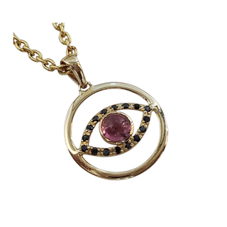 14K Gold Pink Tourmaline & Black Diamond Pendant