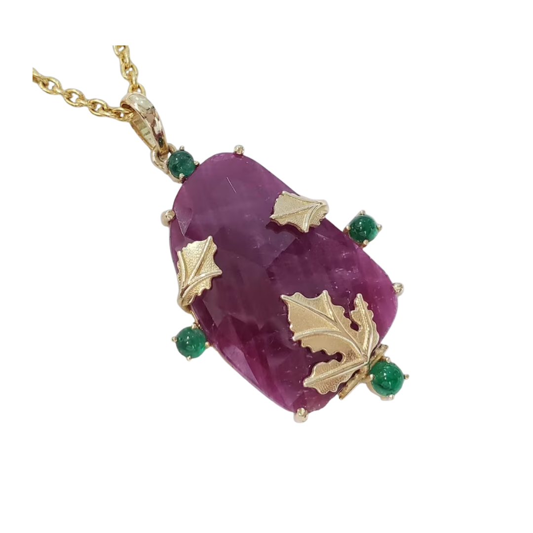 14k Gold Natural Ruby and Emerald Handmade Pendant