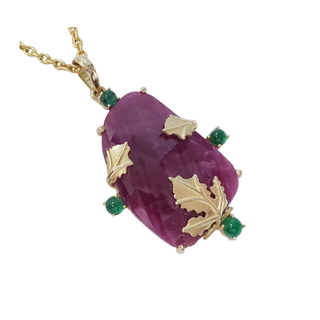 14k Gold Natural Ruby and Emerald Handmade Pendant