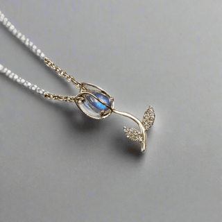 14k Gold Tulip Flower Rainbow Moonstone & Diamonds Pendant - K Jewelry Accessories