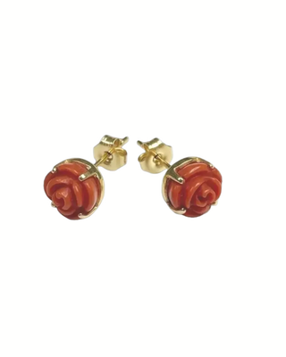 14k Gold Red Coral Rose Stud Earrings, Natural Coral Flower Earrings