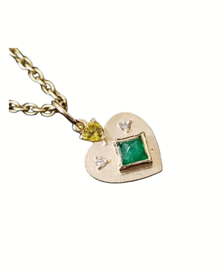 14k Gold Square Emerald Heart Pendant with Yellow Sapphire & Diamond
