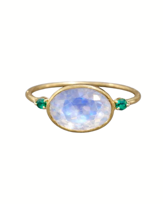 14K Gold Rainbow Moonstone & Emerald Ring