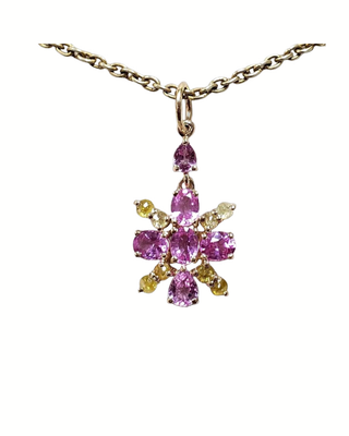 14k Solid Gold Pink Sapphire & Yellow Diamond Flower Pendant