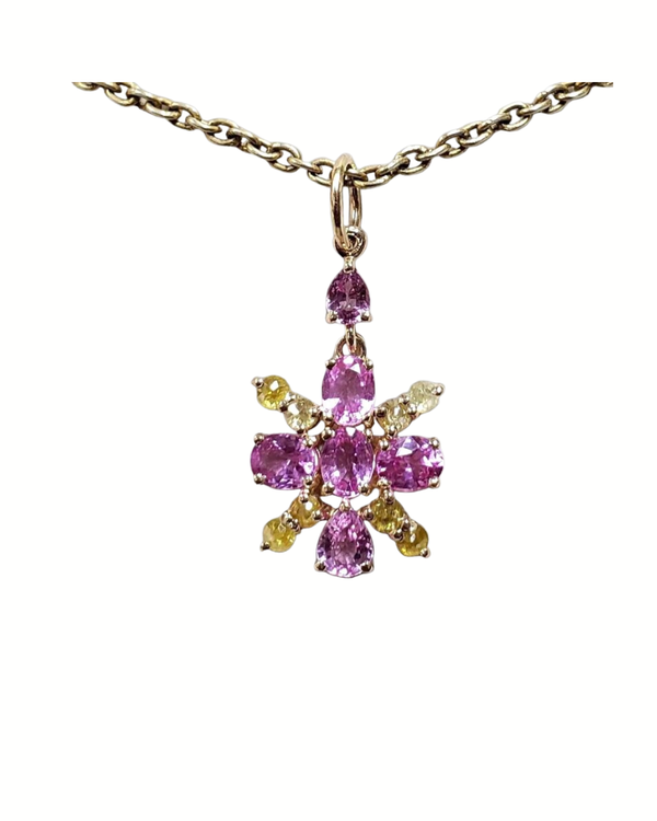 14k Solid Gold Pink Sapphire & Yellow Diamond Flower Pendant