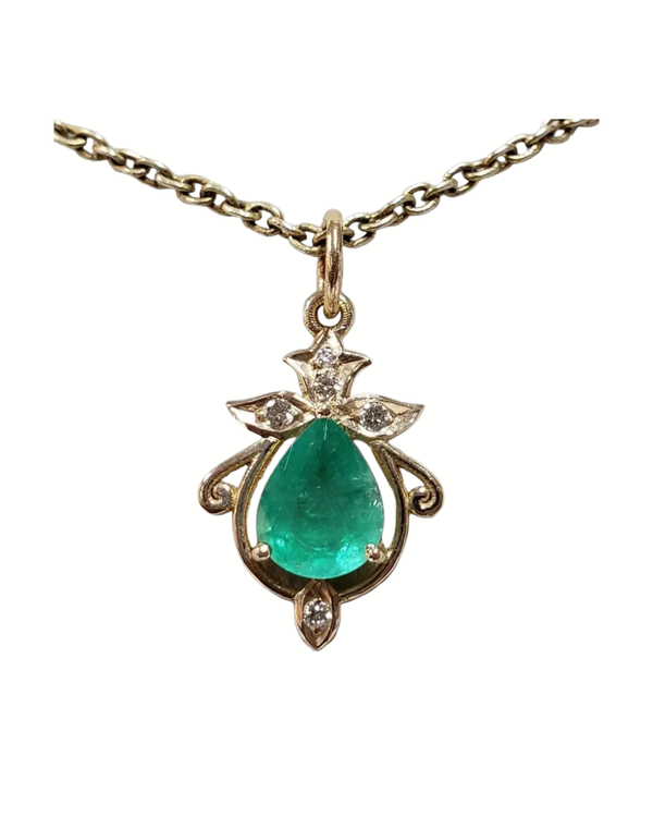 14k Gold Natural Emerald Diamond Pendant, Translucent Green