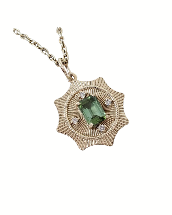 14k Gold Green Tourmaline Diamond Pendant, Art Deco Starburst Necklace