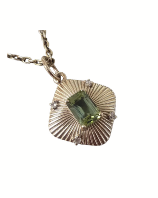 Green Tourmaline & Diamond Pendant in 14k Gold, Emerald Cut