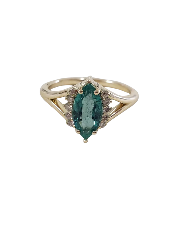 14k Gold Emerald and Diamond Ring – Natural Marquise Cut Gemstone Ring