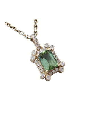 14k Solid Gold Green Tourmaline Pendant with Diamond Halo