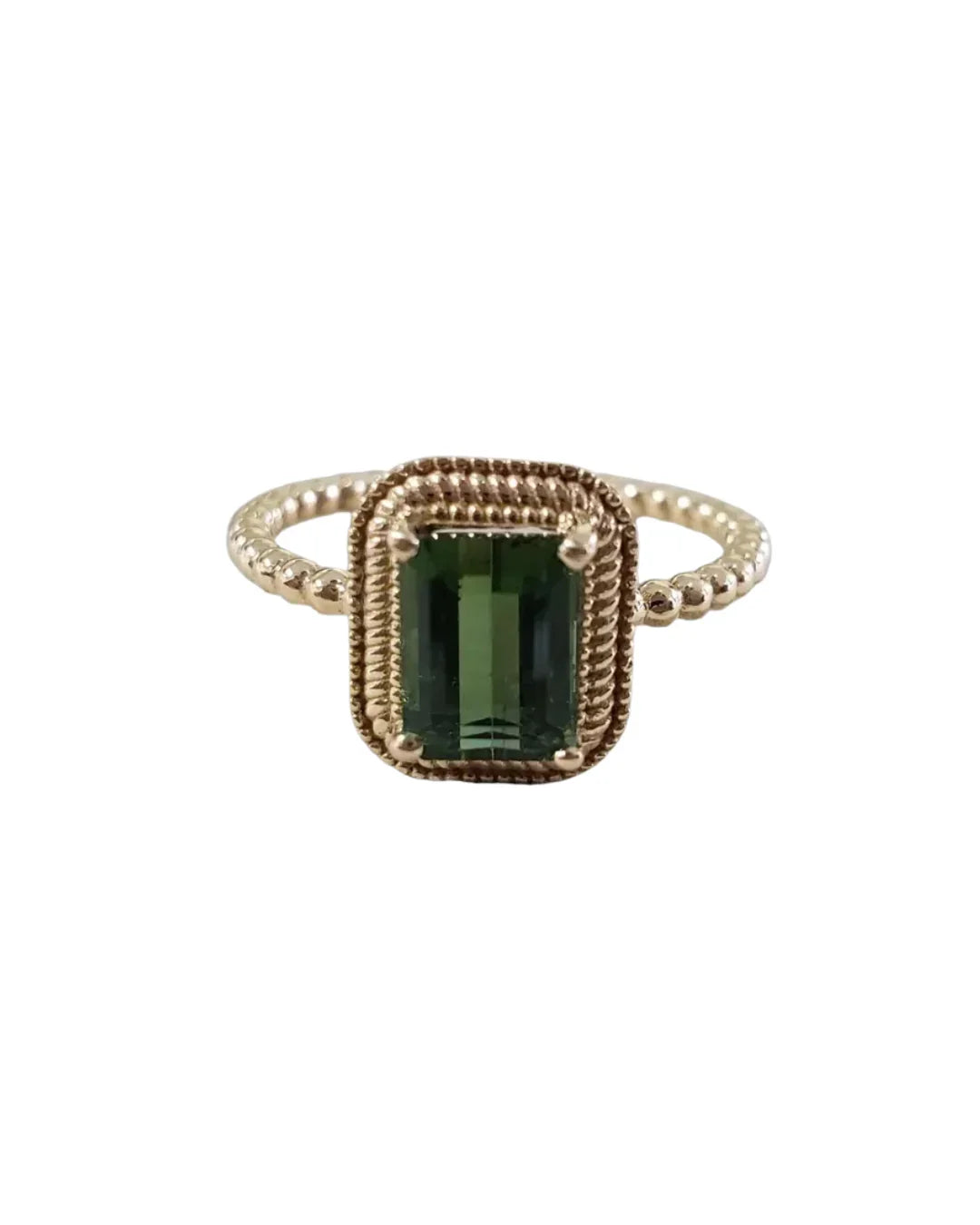 14k Solid Gold Green Tourmaline Ring with Emerald Cut Stone
