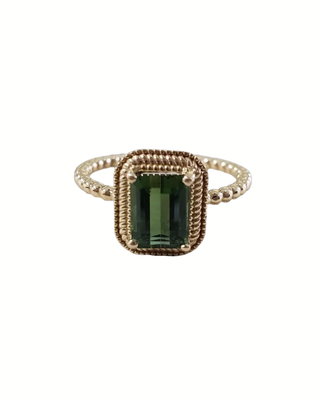 14k Solid Gold Green Tourmaline Ring with Emerald Cut Stone