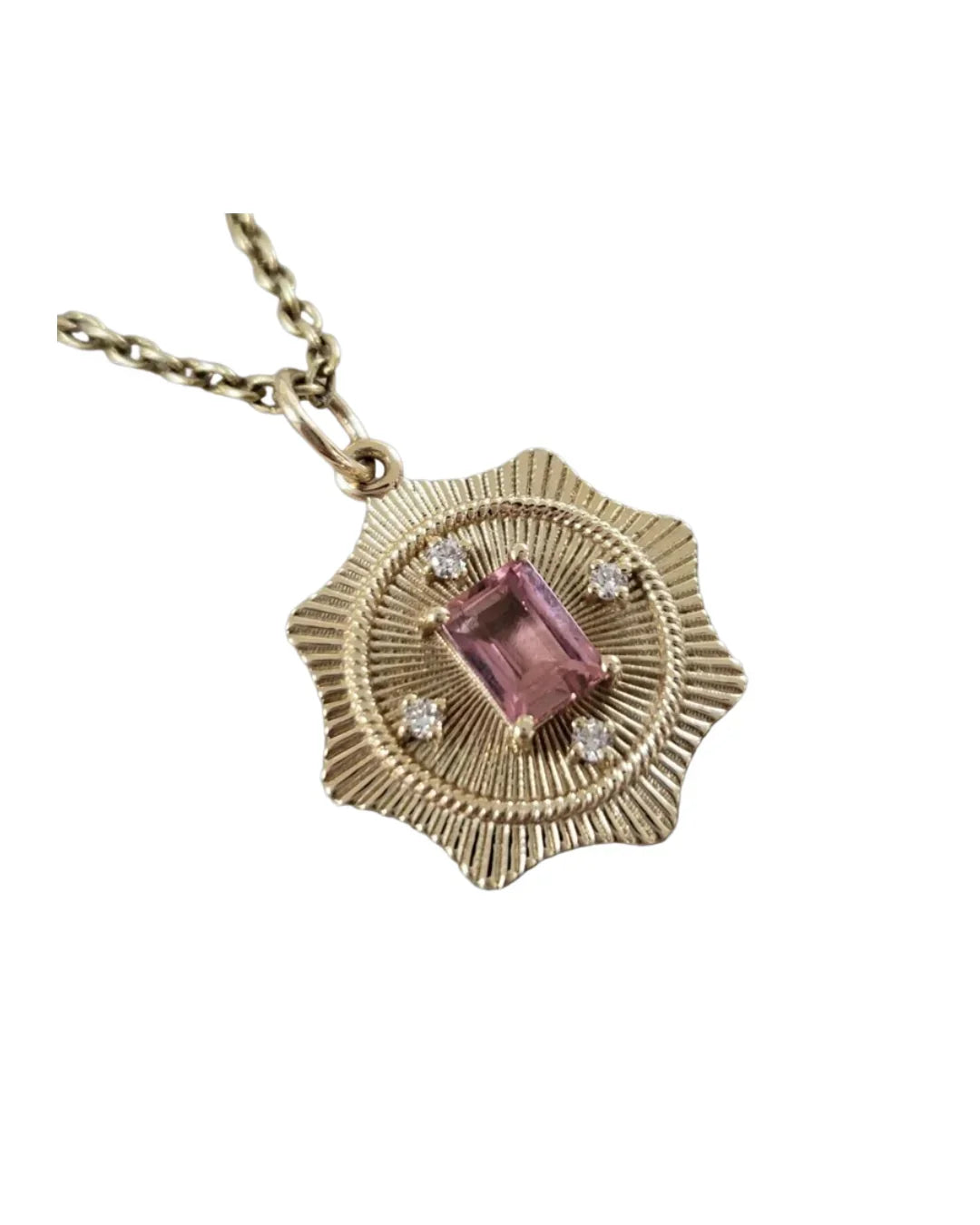 14k Solid Gold Pink Tourmaline Pendant with Diamonds