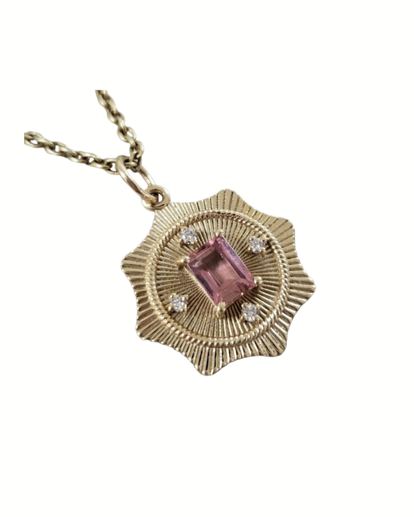 14k Solid Gold Pink Tourmaline Pendant with Diamonds