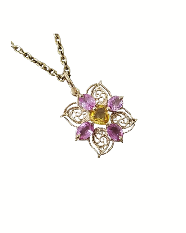 Natural Pink & Yellow Sapphire Pendant in 14k Gold
