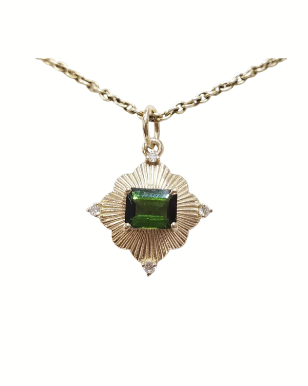 14k Gold Green Tourmaline & Diamond Pendant: Emerald Cut Gemstone