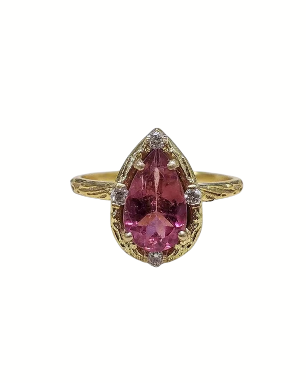 Elegant Pear Cut Pink Tourmaline & Diamond Ring, Textured 14k Gold