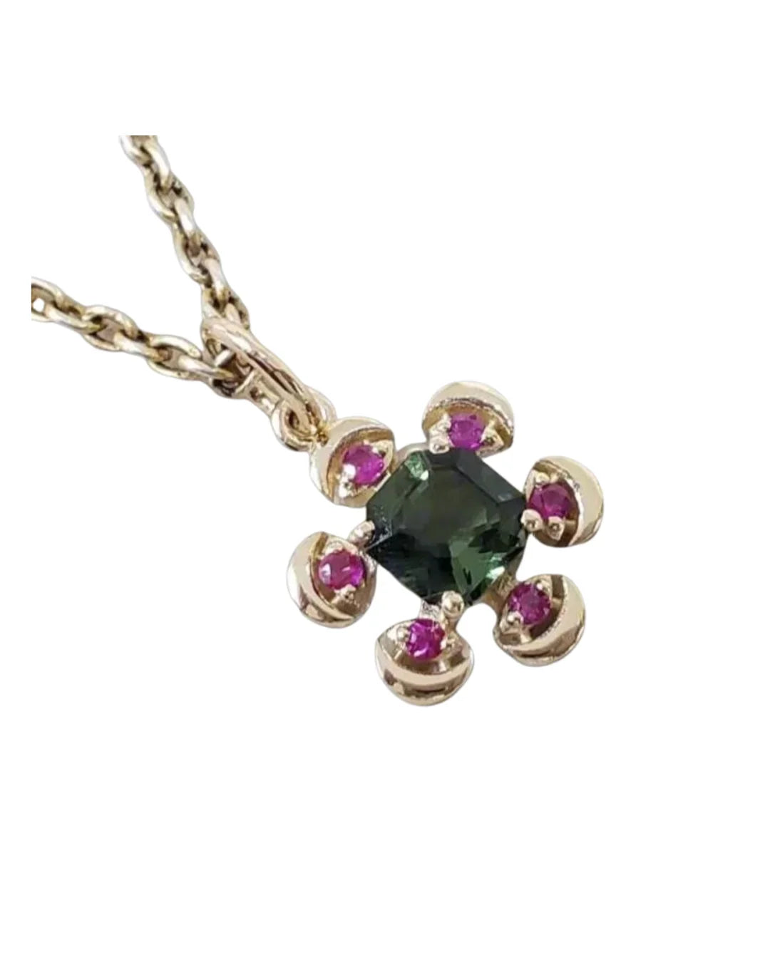 Natural Green Tourmaline & Ruby Floral Pendant, Asscher Cut