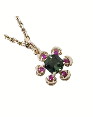 Natural Green Tourmaline & Ruby Floral Pendant, Asscher Cut