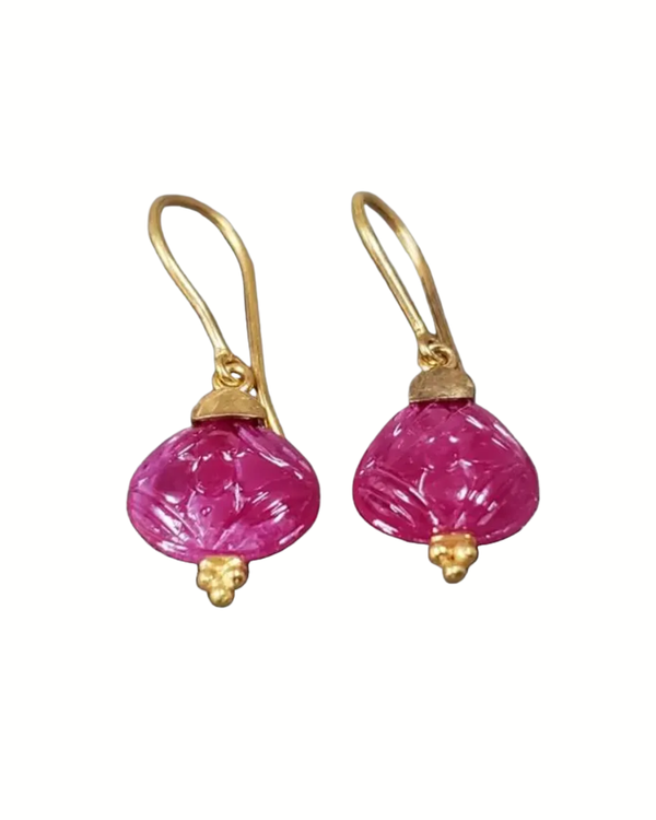 14K Gold Flower Carved Ruby Earrings | Dangle Floral