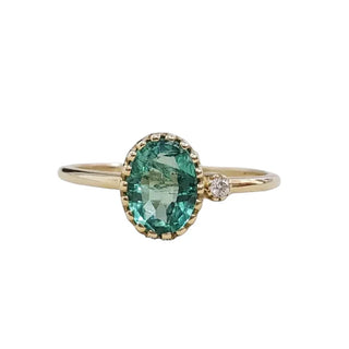 14 Karat Goldring mit sambischem Smaragd und Diamant im Rosenschliff