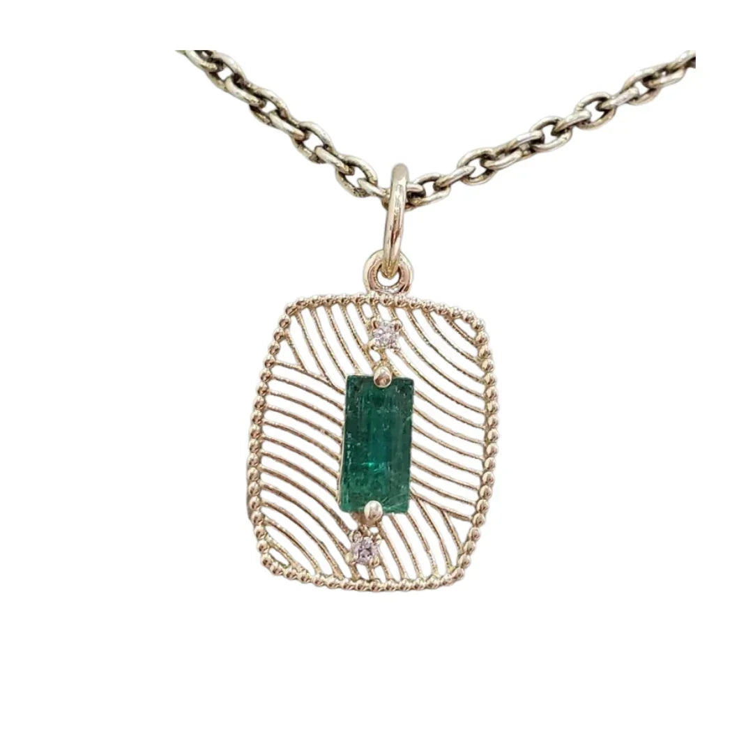 Natural Baguette Emerald Pendant in 14K Solid Gold