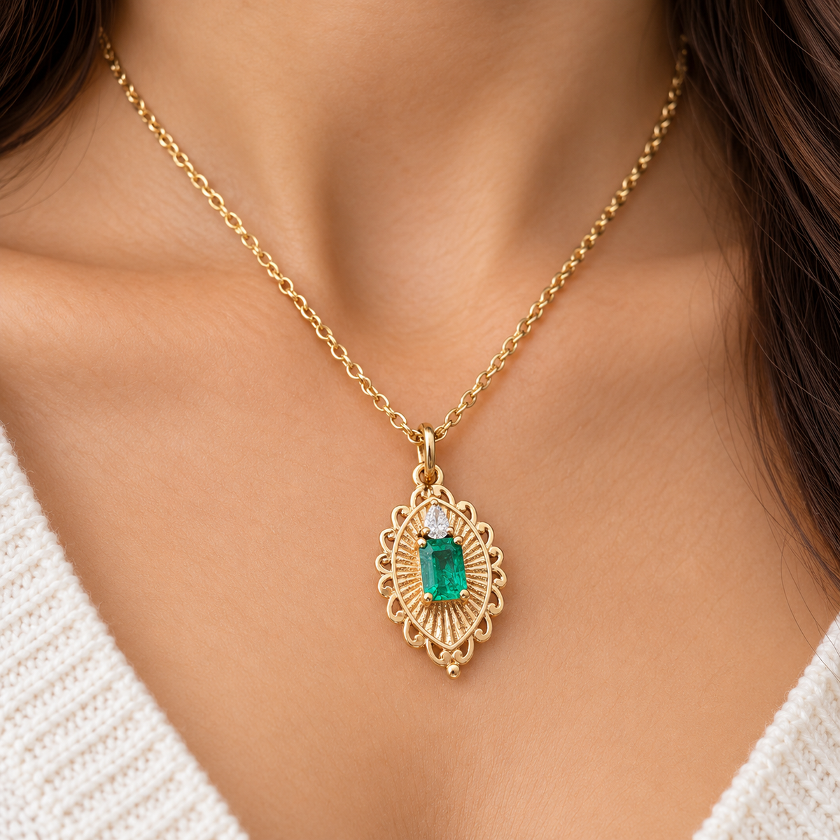 Emerald Sunburst Pendant, Art Deco Emerald & Pear Diamond Charm in 14K Gold