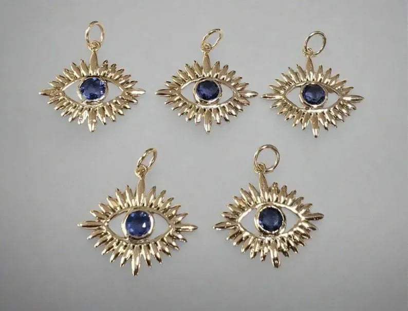 14k Gold Natural Blue Evil Eye Sapphire Pendant - K Jewelry Accessories