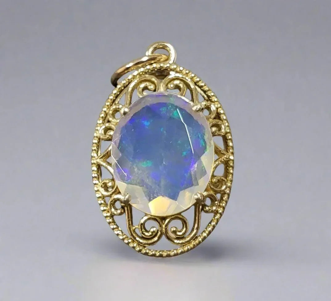 Filigree Design 14 Karat Oval Ethiopian Opal Gold Pendant - K Jewelry Accessories
