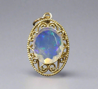 Filigree Design 14 Karat Oval Ethiopian Opal Gold Pendant - K Jewelry Accessories